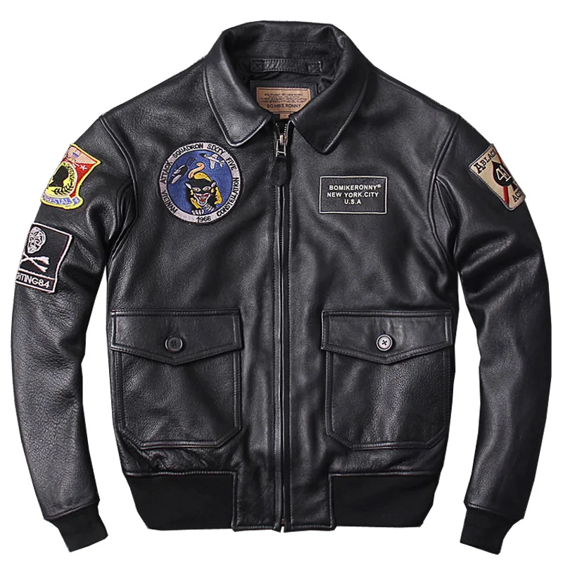 ABOORUN US Pilot MA 1, мужская куртка из натуральной кожи, с вышивкой, с нашивками, тонкая мотоциклетная байкерская куртка из натуральной воловьей кожи, мужская куртка R3242 - Цвет: Черный