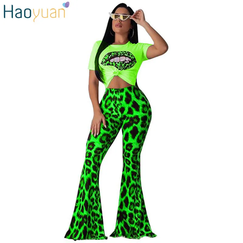 

HAOYUAN Neon Green Two Piece Set Women Clothes Lip Print Crop Top+Leopard Flare Pant Matching Sets Sexy Festival 2 Piece Outfits