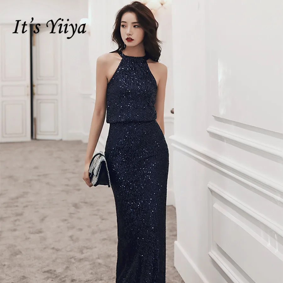 Это Yiiya вечерние платья темно-синего цвета с блестками длинное торжественное платье без рукавов вечернее платье E1349 размера плюс Halfter robe de soiree - Цвет: Тёмно-синий