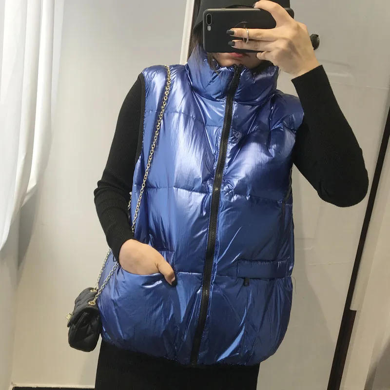 blue vest MUMUZI, зимний теплый пуховый жилет, короткий дизайн, яркие парки без рукавов, уличный, стоячий воротник, теплый, мягкий жилет, пальто - Цвет: blue vest