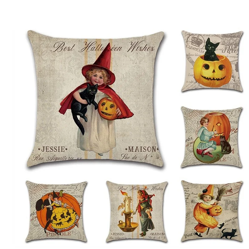 

Halloween Retro Pumpkin Cat Throw Pillow Covers Pillowcases housse coussin Decorative Sofa Cushion Cover fundas cojines decor