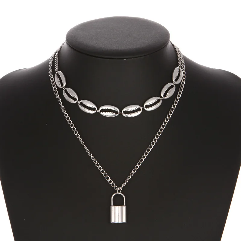 New Double Chain Lock Necklace Women Men Punk Rock Circle Pendant Shell Vintage Emo Grunge Goth Jewelry Gift | Украшения и