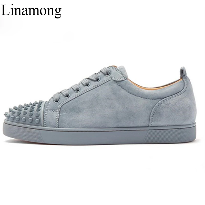 

Men Gray Red Suede Spikes Shoes Rivets Studs Casual Low Tops Lace-up Male Flats Shoes Fashion Sneakers Man