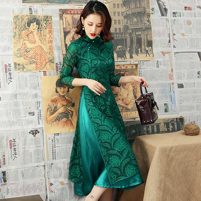 Зеленый Модный кружевной воротник мандарина Aodai традиционное китайское Ципао женское платье винтажное женское сексуальное платье с вышивкой Cheongsam Размер M-3XL