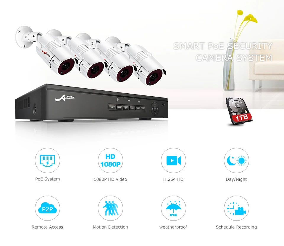 ANRAN CCTV камера система 4CH/8CH POE NVR комплект 48V ONVIF камера видеонаблюдения система HD IP Камера уличная система видеонаблюдения