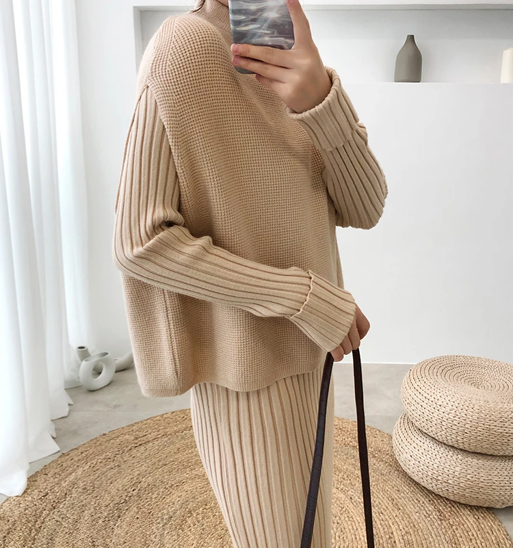 Knitted Two Piece Set Winter Outfits Turtleneck Sweater And Bodycon Midi Dress 2 Piece Set Women Dress Set Matching Sets Clothes