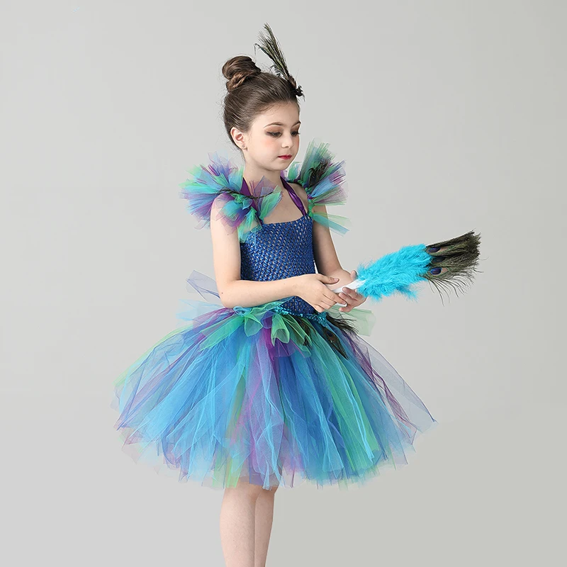 Girls Royal Peacock Tutu Costume Kids Peacock Princess Carnival Fancy Dress Ballerina Halloween Birthday Party Girl Tutu Dress (4)