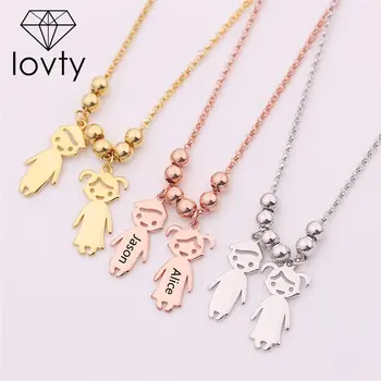 

lovty Personalized Kid Engrave Name Date Necklace Stainless Steel Son Daughter Boy Girl Bead Pendant Necklaces For Child Gift U3