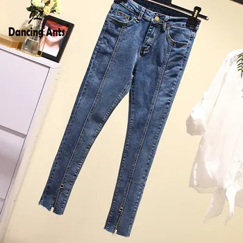 

Woman Plus-Size Jeans High Waist Skinny Pencil Pants Korean Style Office Lady Split Female Denim Ankle-length Pants 2020 Fashion