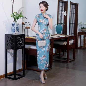 

Plus Size 4XL Women Elegant Dresses Chinese Cheongsam Long Satin Dress Banquet Qipao Flower Chinese Dresses Qipao Robe Orientale