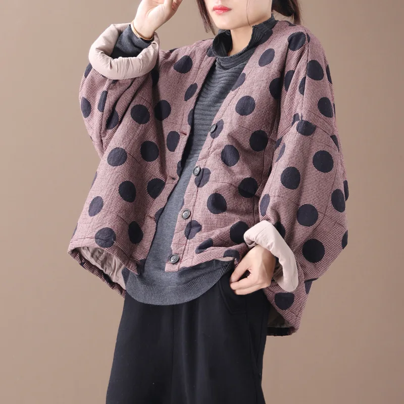 

Qi Juan Draw Winter 2019 New Style Korean-style Loose And Plus-sized Literature And Art Polka Dot Fine Grid Short Cotton Overcoa