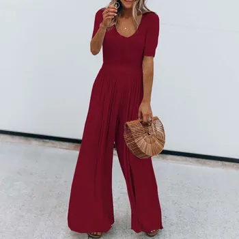 

2020 Summer Wide Leg Jumpsuit Women Overalls Red Jumpsuit Female Ladies Loose Long Jumpsuit Romper Overalls For Women Black