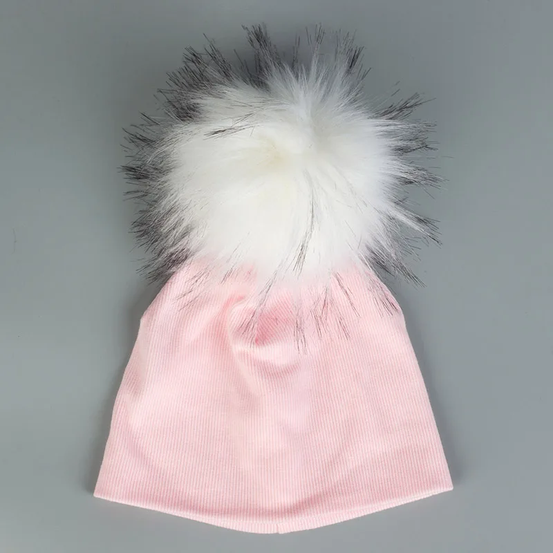 Newborn Baby Boys Girls Cotton Beanies Hats With Big Faux Fur Pompom Solid Cute Girls Hats Cap Hair Accessories - Цвет: 21Pink