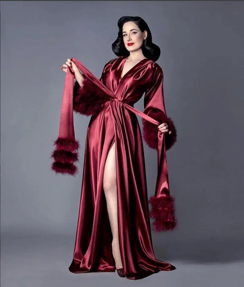 Custom Made Bridal Nightgown Robes - Elegant Silk Floor Length Night Robe with Feathers for Party Sleepwear image 6