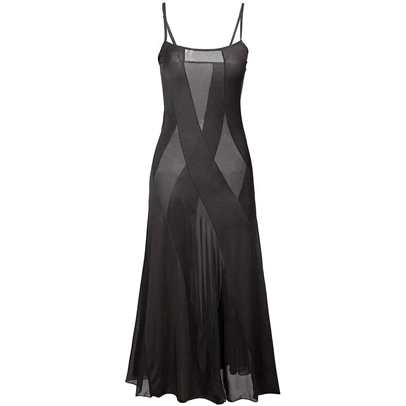 Женская ночная сорочка, прозрачная, длинная, полу сетка, сексуальное платье, черное, подтяжки, длинное платье размера плюс, сексуальное платье, R7389