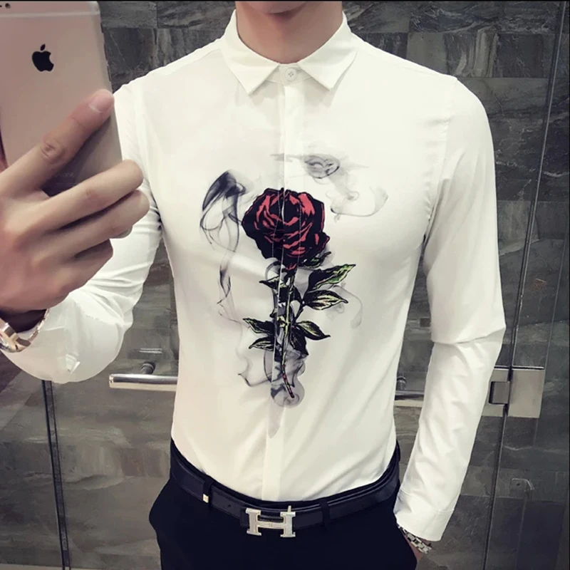 Kopen Mannen Shirt Koreaanse Slim Fit 2018 Nieuwe Digital Print Casual mannen Sociale Shirts Lange Mouwen Night Club Party Shirt camisa Masculina