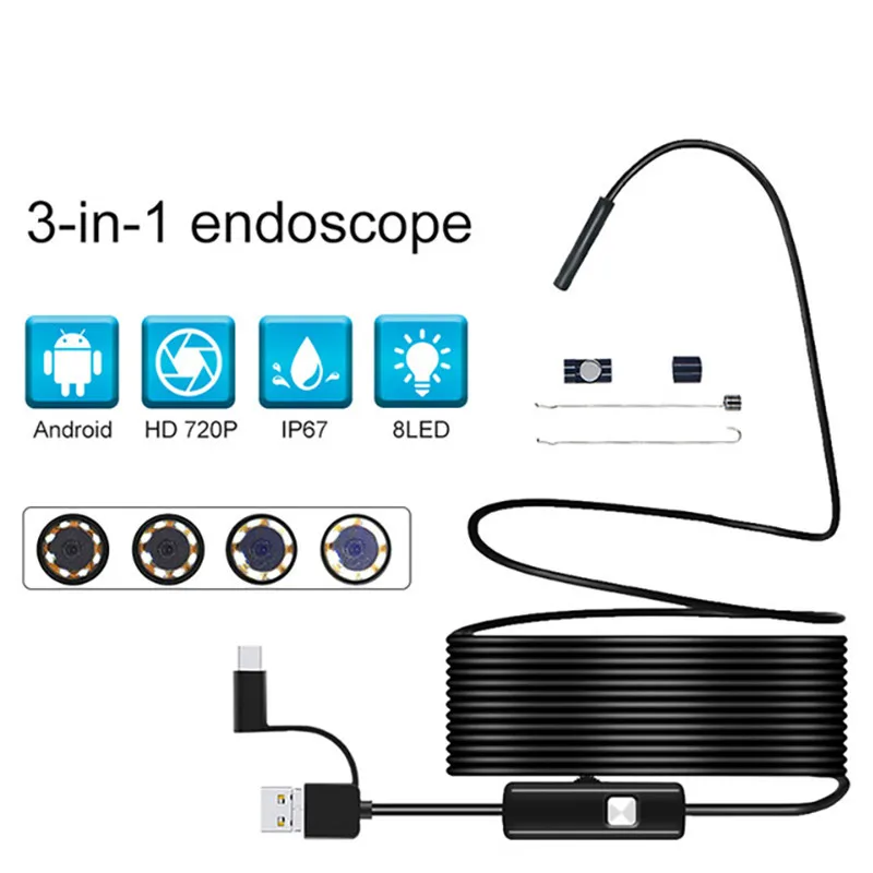 

3 in 1 USB Endoscope Semi-rigid Borescope Inspection Camera 2.0MP CMOS HD Waterproof Snake Camera with 8 Led for Android Windows