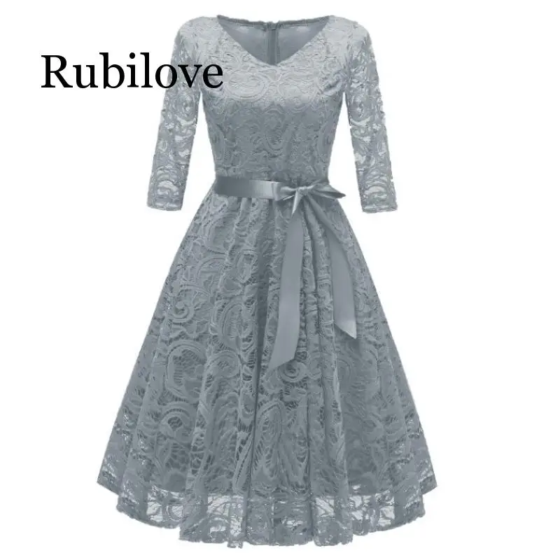 Rubilove, винтажное женское платье, 1950 s, вязаное крючком, кружевное, плиссированное платье, v-образный вырез, рукав 3/4, пояс, для вечеринки, свободное платье