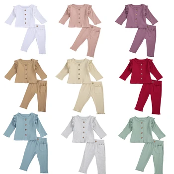 

0-24M New born baby girls clothes Ruffle Long Sleeve Tops+pants with pocket 2pcs solid clothing set Spring Fall Casual Outfits