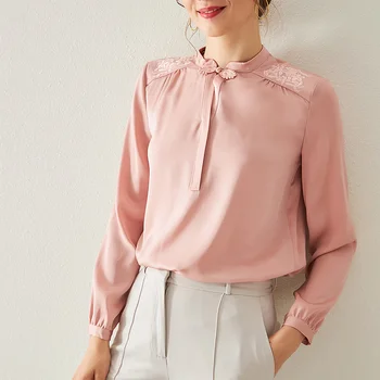 

Pink Stand Collar Silk Shirt Women's Long Sleeve 2020 Autumn New Shoulder Embroidery Lady Silk Top Dropshipping