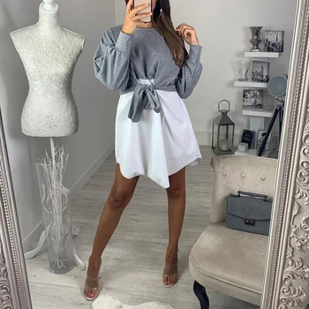 

Women Casual A-line Dress Long Blouse Loose Patchwork Autumn Ladies Vestidos Pullover Round Neck Gray Dresses clothes SJ4930C