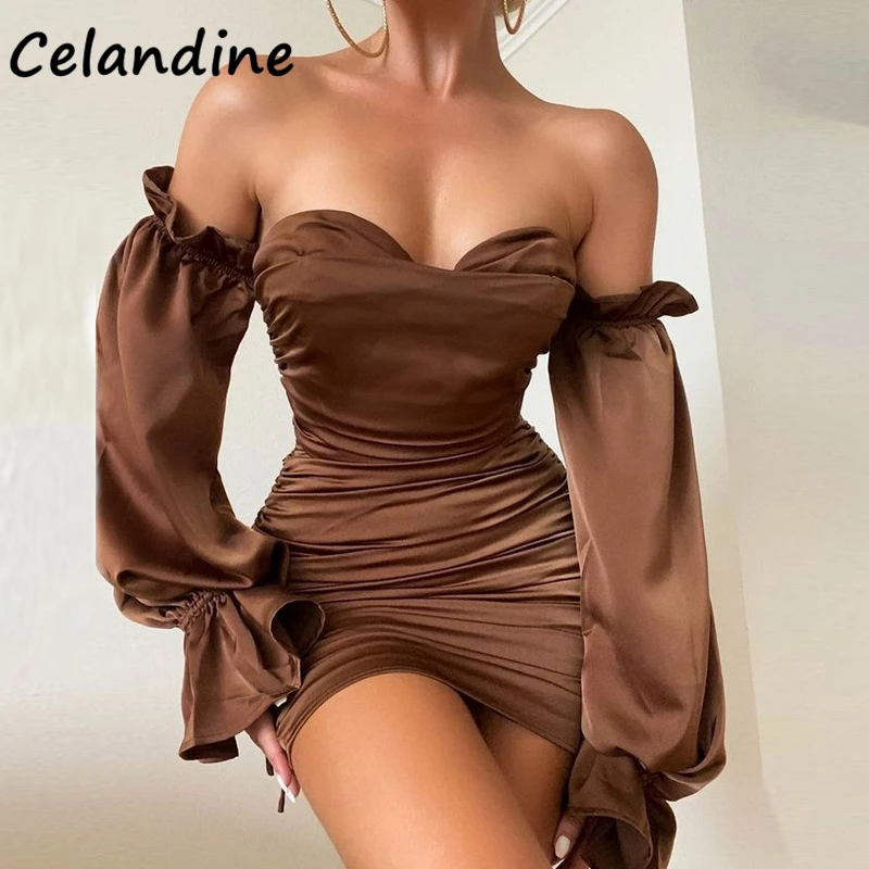 Celandine Сексуальное женское платье с открытыми плечами длинным рукавом для