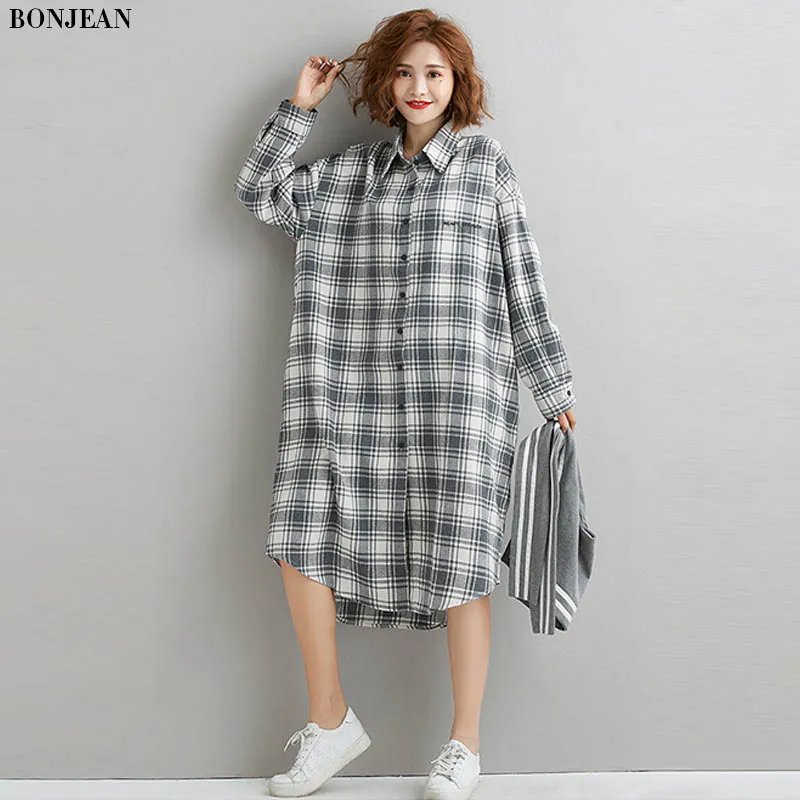 

Plus Size Mid-Length Plaid Shirt Dress Women's Spring Elegant Shawl Two-Piece Cotton Dressed Korean Vintage Dress Vestidos 2020