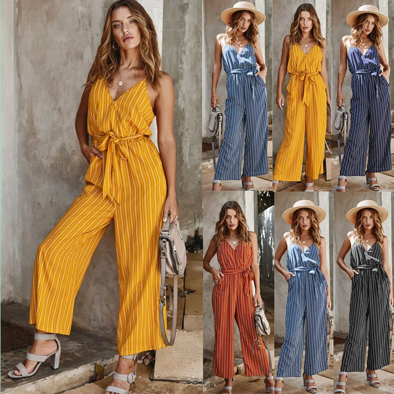 

Women's Stripe V-neck Elegant Sexy Jumpsuits Summer Casual Pocket Lace Up Overalls Jumpsuit Wide Leg Spaghetti Strap Rompers