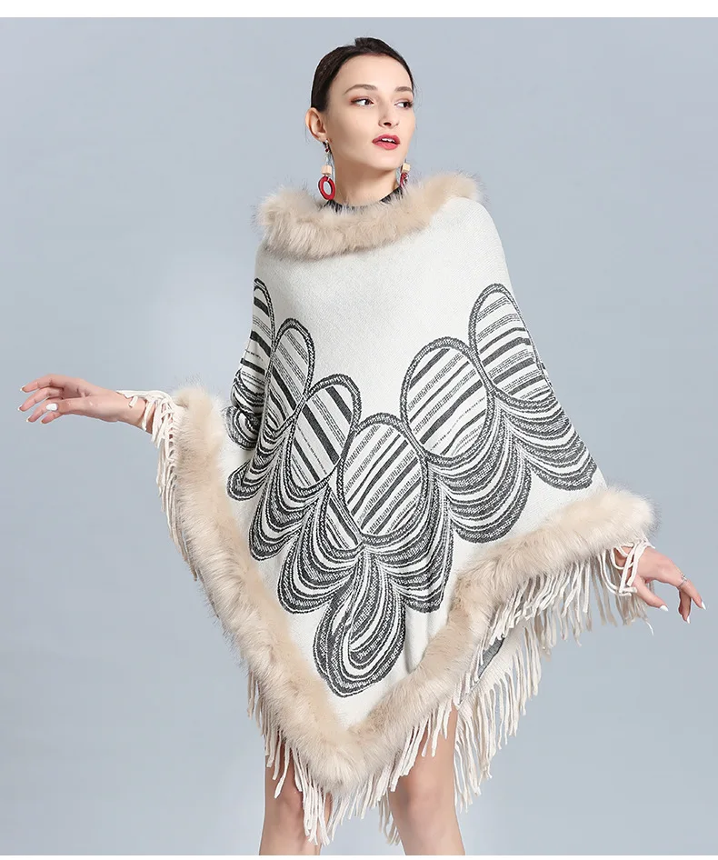beige Новая мода осень женщины с воротником из искусственного лисьего меха плащ пуловер леди летучая мышь рукава темно синий кисточкой пончо свитер зимнее пальто - Цвет: beige