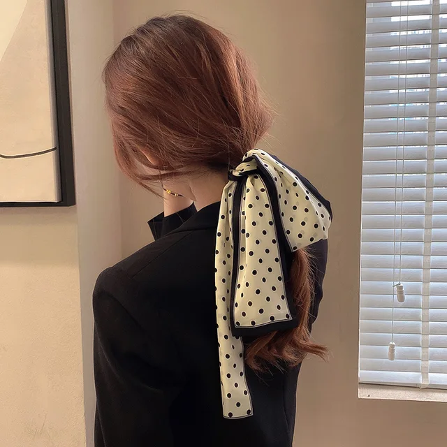 Women Silk Scarf Headband Female Tied Hair Summer Ribbon Retro French Bow Korean Horsetail Bundle Japanese Girl Hair Headdress Headband 19
