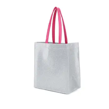 

Metallic Silver Little Tote Bag with Pink Faux Round Handle