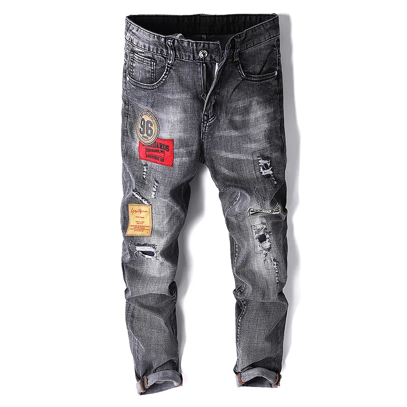 

Popular Brand Hole & Patch Jeans Men's Cool Embroidered Youth pencil pants Trousers Black Gray Elasticity Beggar Pants