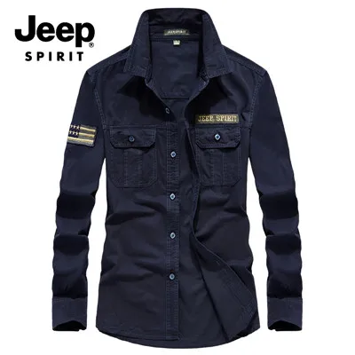 JEEP SPIRIT Новая мужская рубашка в стиле милитари с длинным рукавом мужские рубашки с отложным воротником хлопок мужская рубашка - Цвет: Dark Blue