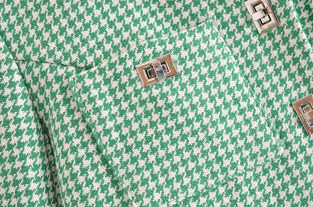 Retro French Style Green Check Plaid Weavon Cropped Blazer Women Notched Metal Buckle Buttons High Waist Suit Short Coat Outwear