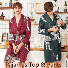 Мужские пижамы, шелковые атласные пижамы, набор халатов, ночная рубашка, топ, длинные штаны, пояс с эластичной резинкой на талии, зеленый цвет, красное вино, для дома, для отдыха, одежда для сна