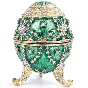 

Green Faberge-Egg Hand Painted Jewelry Trinket Box Gift for Easter Home Decor