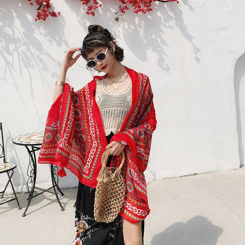 

Spring and summer seaside sunscreen shawl cotton and linen scarf dual-use beach scarf female beach towel shawl autumn and winter