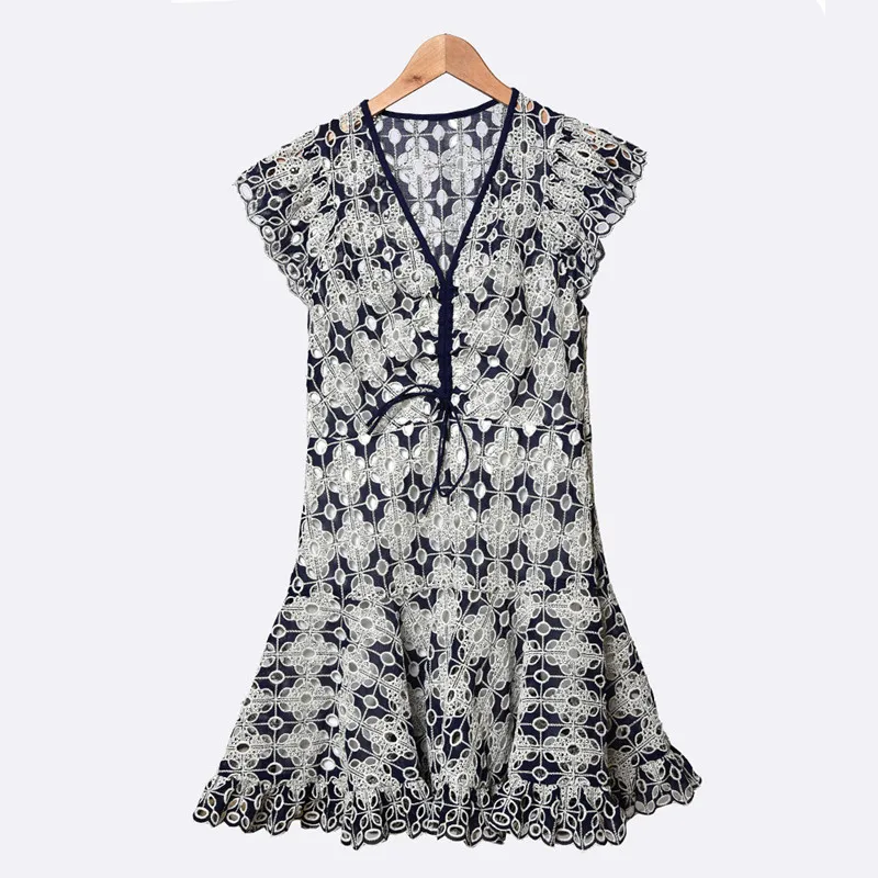 

2020 Spring Summer Lady V-neck Hollow out Lace Mini Dress Ruffles Lace-up Slim A-line Flower Embroidery Dress