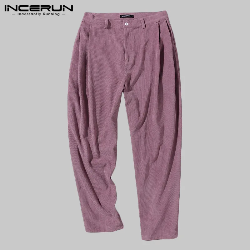 Pink INCERUN, модные мужские однотонные шаровары, модные Мешковатые повседневные брюки, литературные мужские вельветовые спортивные штаны, джоггеры, уличная одежда - Цвет: Pink