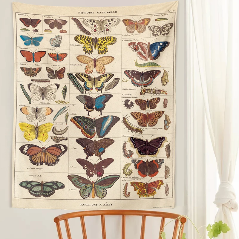 Tapestry Decorations Butterfly Illustration Chart Tapestry Vintage Aesthetic Colorful Wall Hanging