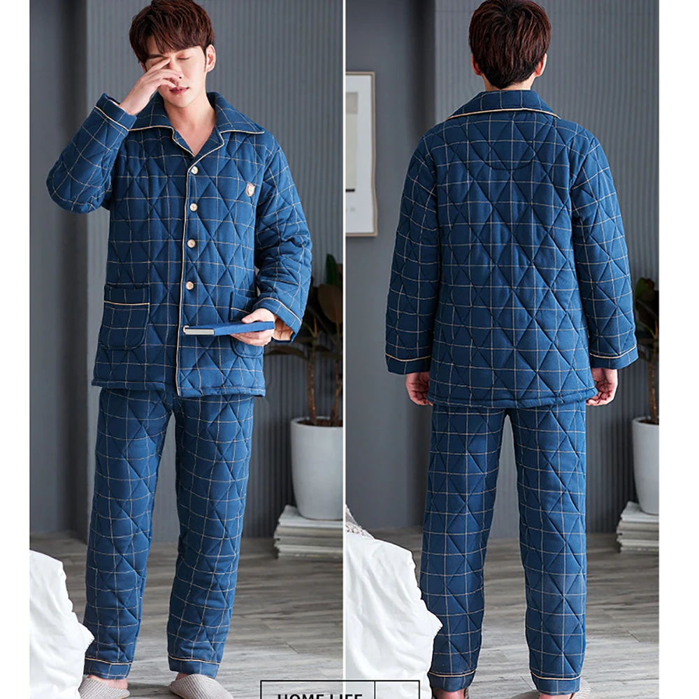 Casual Plaid Pajama Sets Men's Winter Pajamas Warm Thick 3-layer Cotton Sleepwear Large Size Pijama With Long Pants Home Wear