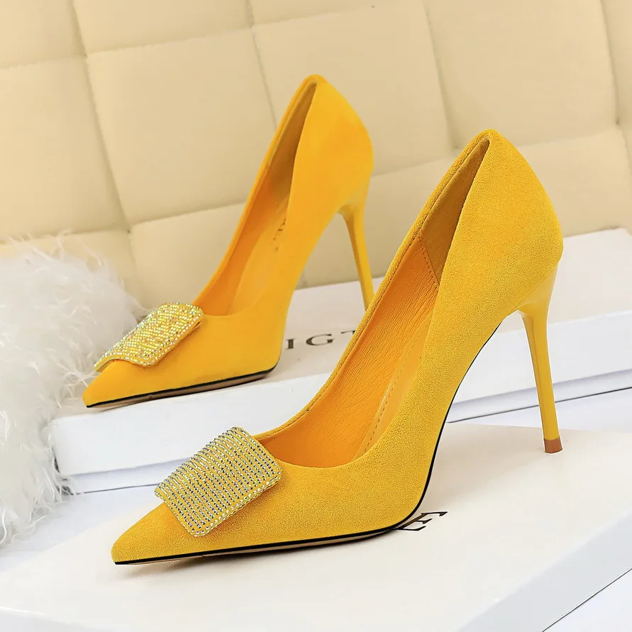 Women 9.5cm High Heels Crystal Buckle Glitter Pumps Lady Wedding Green Yellow Blue Heels Female Scarpins Valentine Shoes