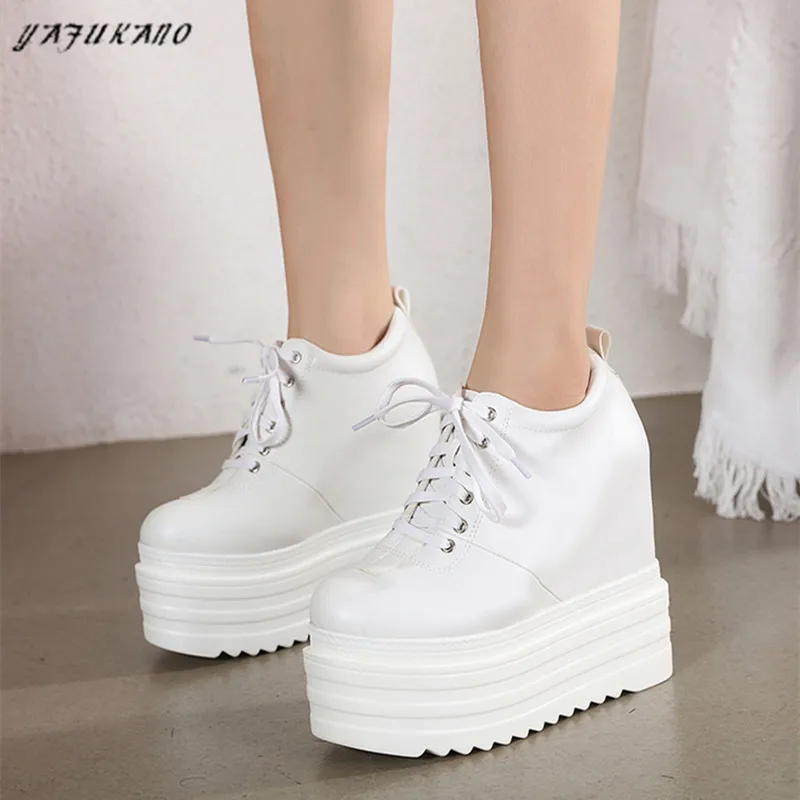 

14Cm Super High Heels Sexy Platform Increase Women Shoes Round Toe Lace-Up Wedges Casual Ladies Shoes Black White Ankle Boots