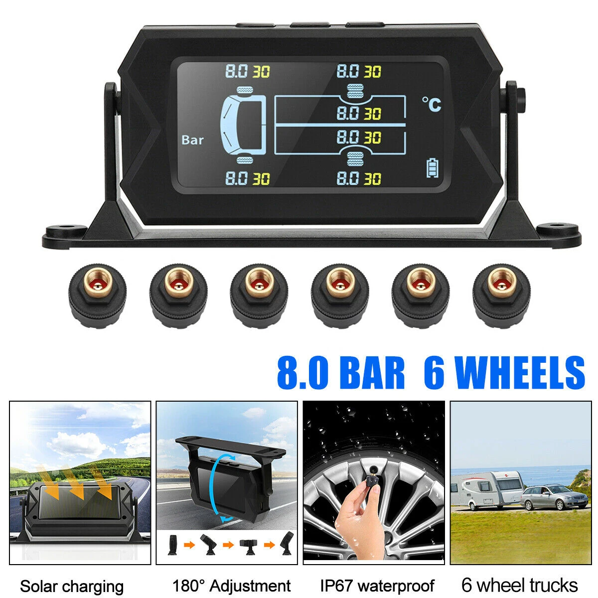 

2021 Solar TPMS Car Tyre Pressure Monitor System Adjustable Mounting Bracket Solar/USB charging LCD Display+ 6 External Sensors