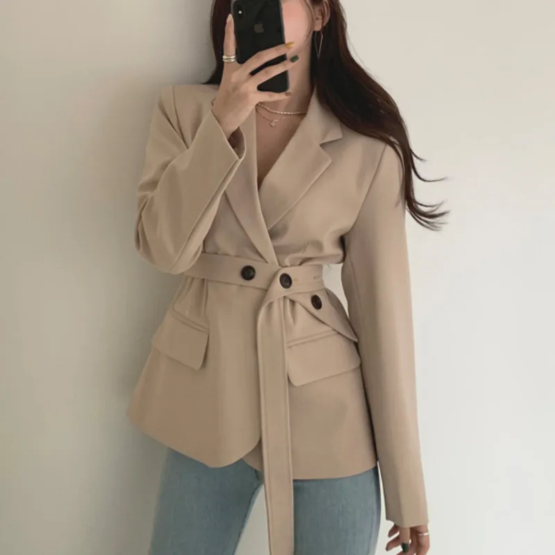 Korean Style Woman Blazer Jacket Coat Notched Collar Pocket Long Sleeve Office Lady Solid Color Slim Suit Outerwear Female