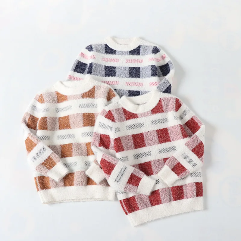 

Girls Mink Cashmere 2019 New Style Pullover Sweater Autumn And Winter Plaid Western Style Korean-style Sweater Children Fashion