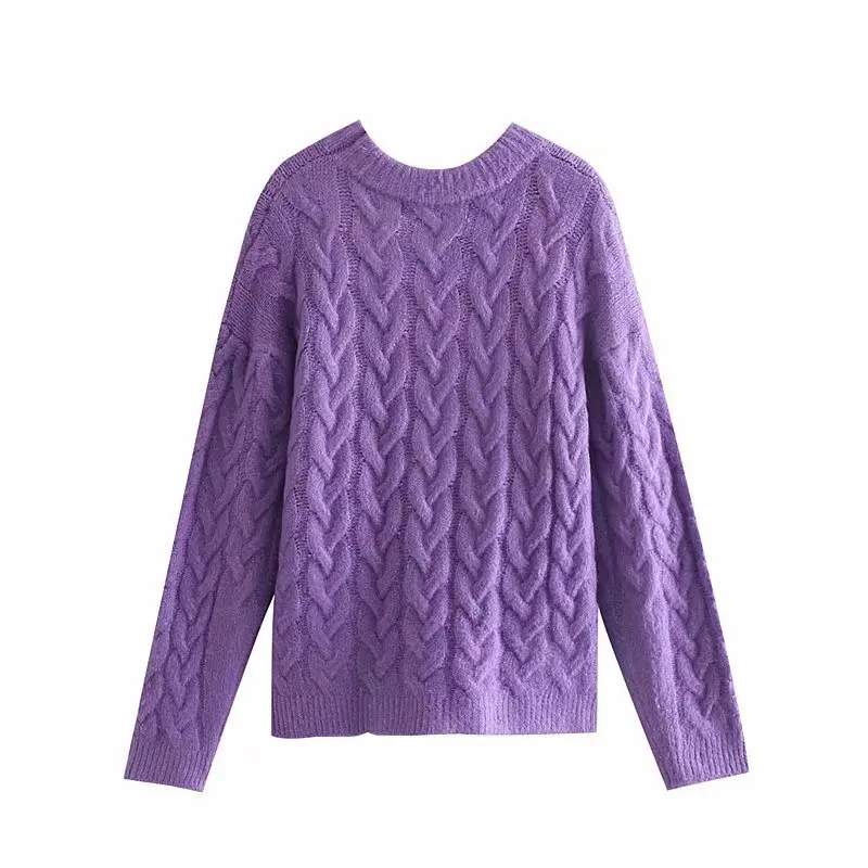ZA Fashion Twisted трикотажные Фиолетовые женские свитера с круглым вырезом и длинным рукавом Осень Зима повседневный элегантный джемпер свитер