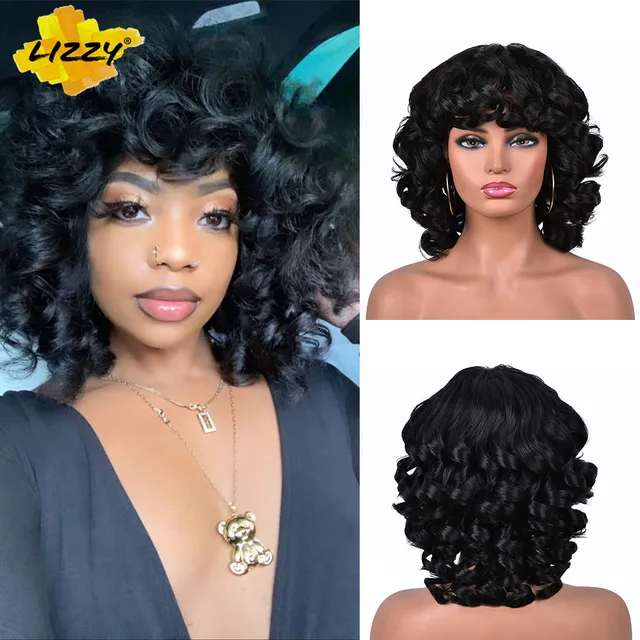 Short Hair Afro Curly Wig With Bangs Loose Synthetic Cosplay Fluffy Shoulder Length Natural Wigs For Black Women Dark Brown 14