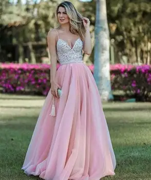 

2020 Sexy V-Neck Women Party Dress Pink Shining Squins Spaghetti Straps Floor Length Girls Party Dress High Qulity Backless
