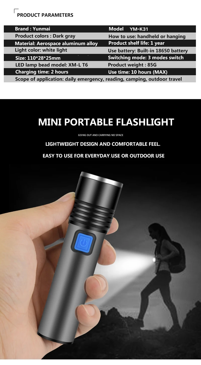 Yunmai Led Flashlight LED light Rechargeable Small Scout Torch Easy to carry 4 Modes built-in battery